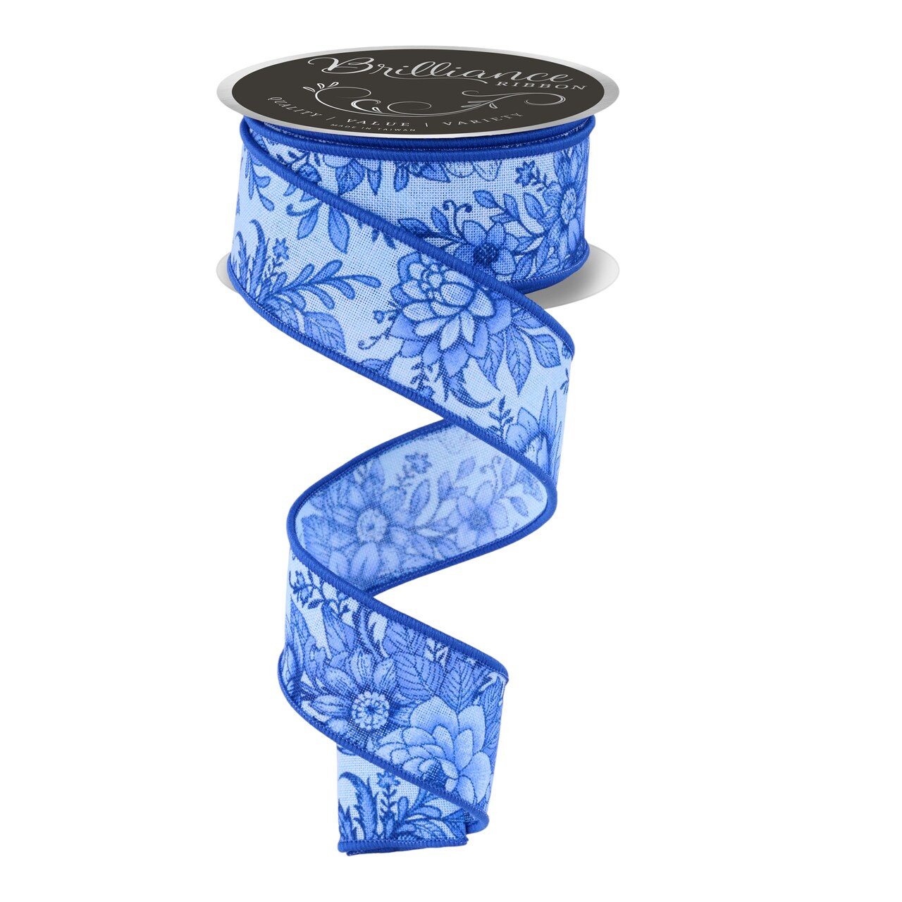 Brilliance 1.5" Chinoiserie Florals Wired Ribbon 30' - Light Blue, Blue - For Flower Pattern Bows, Wreaths, Gift Wrap, Crafts and Decorations